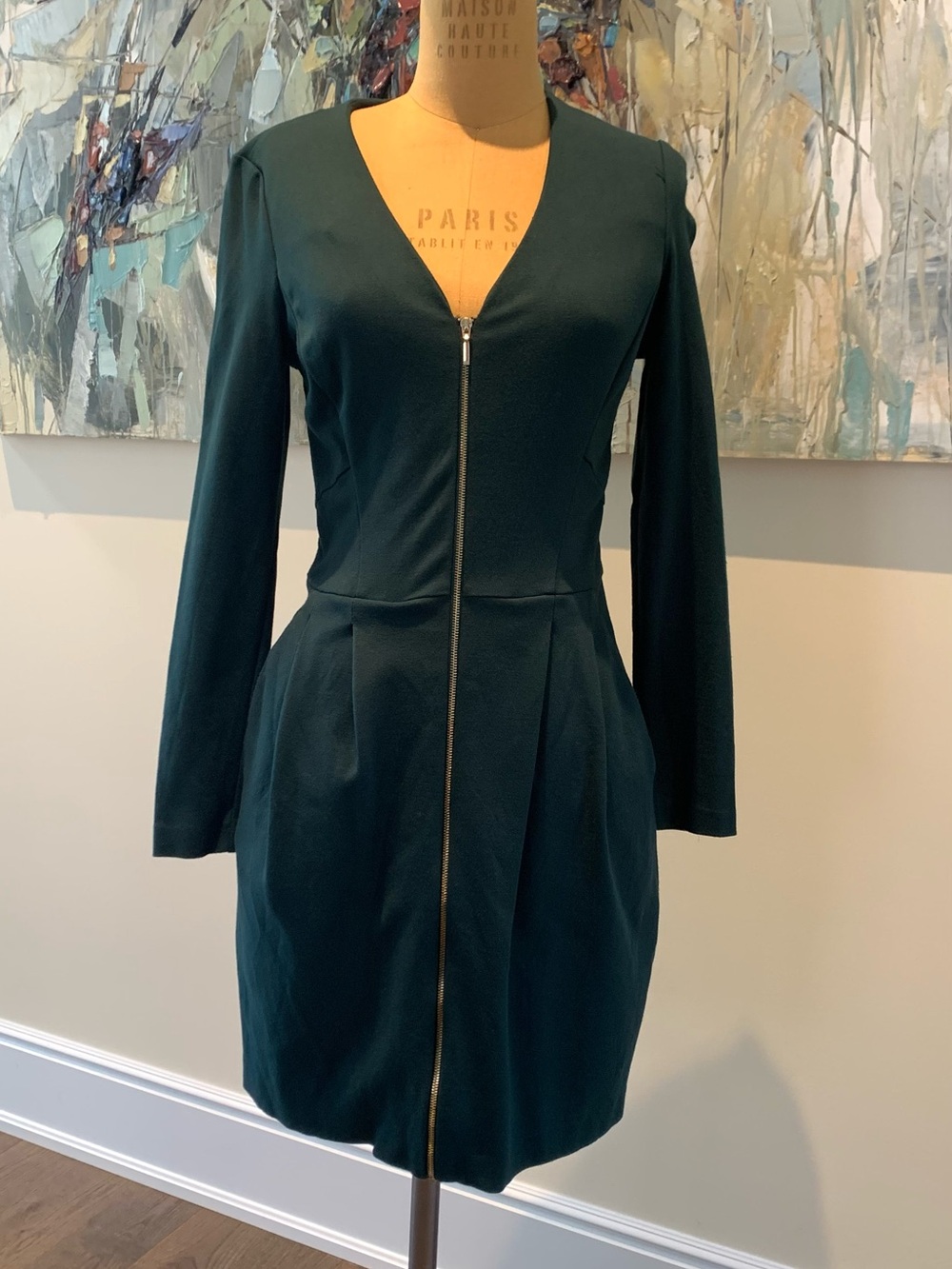 Dark Green Long-Sleeve Zip-Front Women's Dress